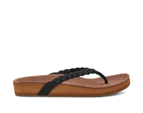 Tong Sanuk She Loungy Braid Cuir Femme - Noir CRGKEZ543